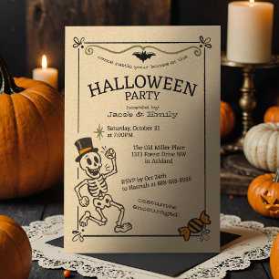Skrämmande Vintage Halloweenfest Retro Skelett Inbjudningar