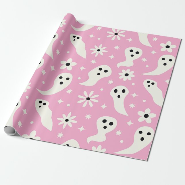 Skrämmande vita spöken med retroblommor på rosa presentpapper (Utrullad)