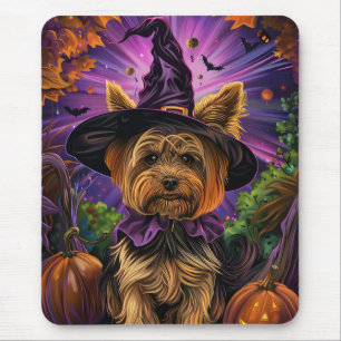 Skrämmande Yorkipoo Hund Halloween Häxa Och Pumpa Musmatta