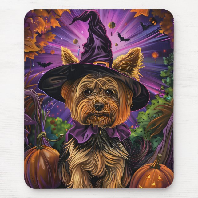 Skrämmande Yorkipoo Hund Halloween Häxa Och Pumpa Musmatta (Framsidan)