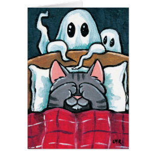 Skrämmt av spökentabby katt i sängillustration hälsningskort