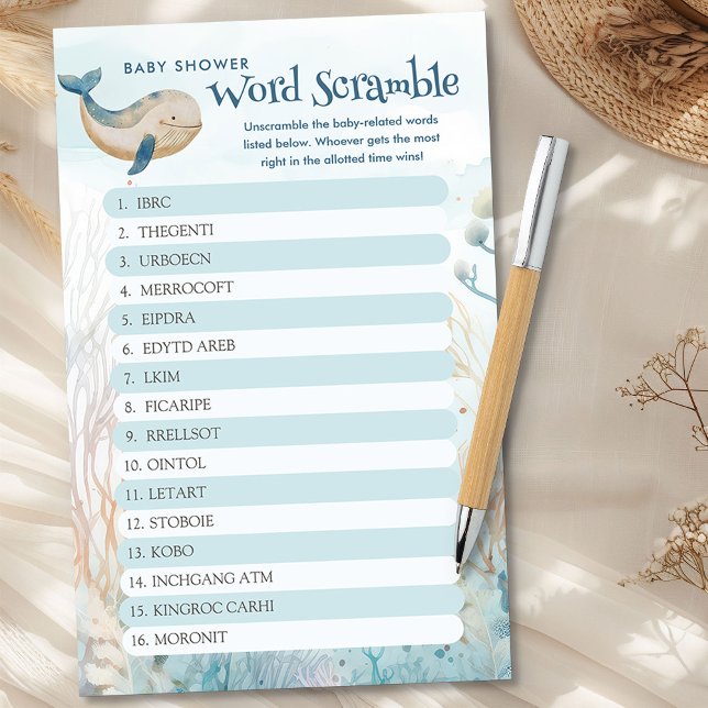 Skrampspel för babyskor i Ord (Baby Word Scramble Game  from the Whale Baby Shower Collection by Darling & May)