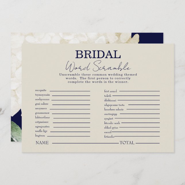 Skrampspel för marin vit Blommigt Möhippa Ord Inbjudningar (Fram/baksida)