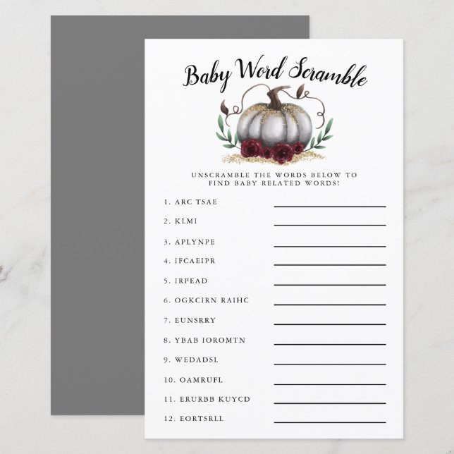 Skrampspel för vitpumpkin Baby Ord (Fram/baksida)