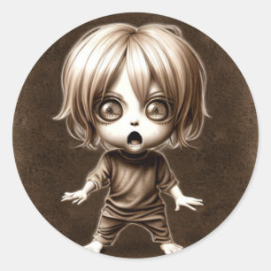 Skrämt Big Eyed Chibi Child Halloween Runt Klistermärke