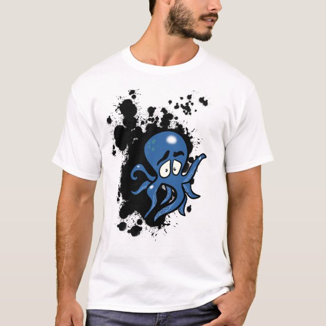 Skrämt blått Tecknad bläckfisk T Shirt (Framsida)