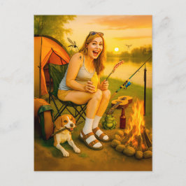 Skrämt Camper Woman med Hund och Tält Helg Vykort