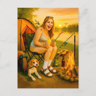 Skrämt Camper Woman med Hund och Tält Helg Vykort