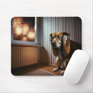 Skrämt hound-Hund med Fireworks Musmatta