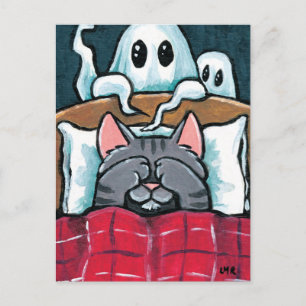 Skrämt om Spöken Tabby katt i Bed Illustration Vykort
