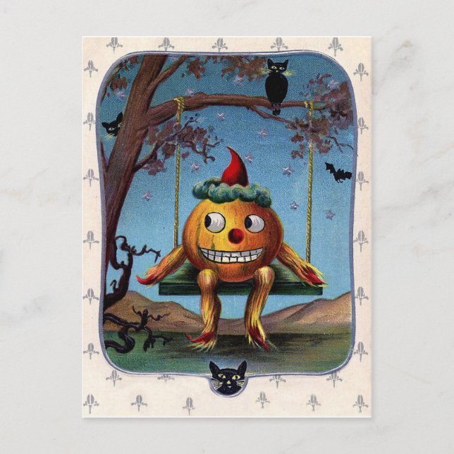 Skrämt pumpa på en sväng på Halloween-natten Vykort (Framsida)