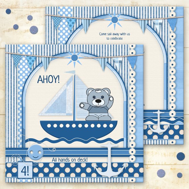 Skrapbodsegelbåt Nautical Birthday Kids Party Inbjudningar (A cute sailboat or nautical themed invitation for a child's birthday party in a scrapbook style)