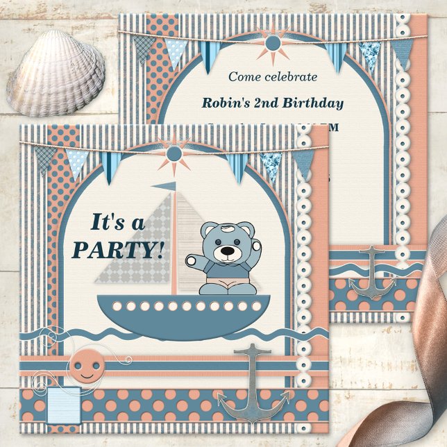 Skrapbodsegelbåt Nautical Birthday Kids Party Inbjudningar (A cute sailboat or nautical invitation for a child or toddler's birthday party in a scrapbook style)