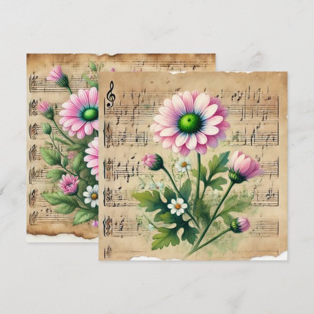 Skrapbok för utskrivbara Daisy för Rosa och Grönt  Inbjudningar (Fram/baksida)