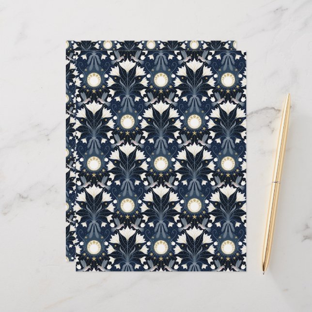 Skrapbok Papper för Blått och Guld Art nouveau Mån (Fram/Back In Situ)