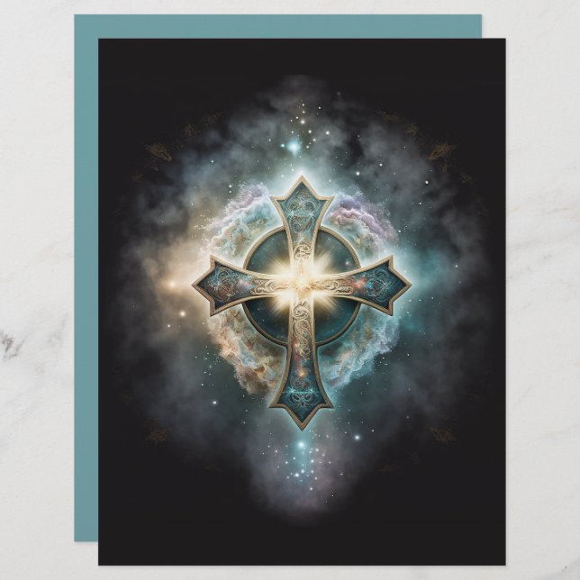 Skrapbok Papper för Celestial Blue Guld Kor (Fram/baksida)