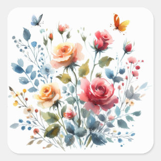 Skrapbooking Sticker Watercolor Flowers Fyrkantigt Klistermärke