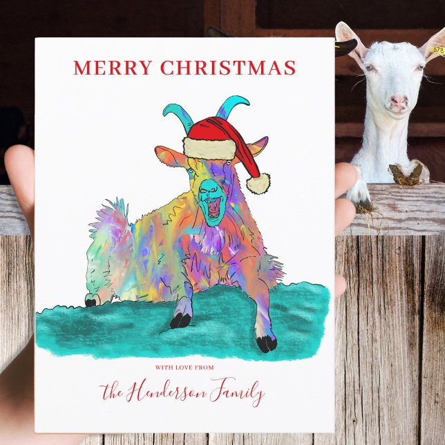 Skräpmål - budget för roligt jul helg vykort (Funny Christmas screaming goat wearing a Santa hat custom holiday greetings card colorful animal art)