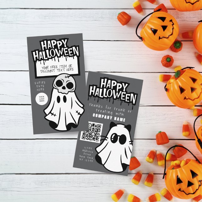 Skräppost eller Behandla Halloween Coola Ghost-Aff Visitkort (Trunk or Treat Halloween Coupon Business Cards Pack of 100. Gray, Black and White Ghosts)