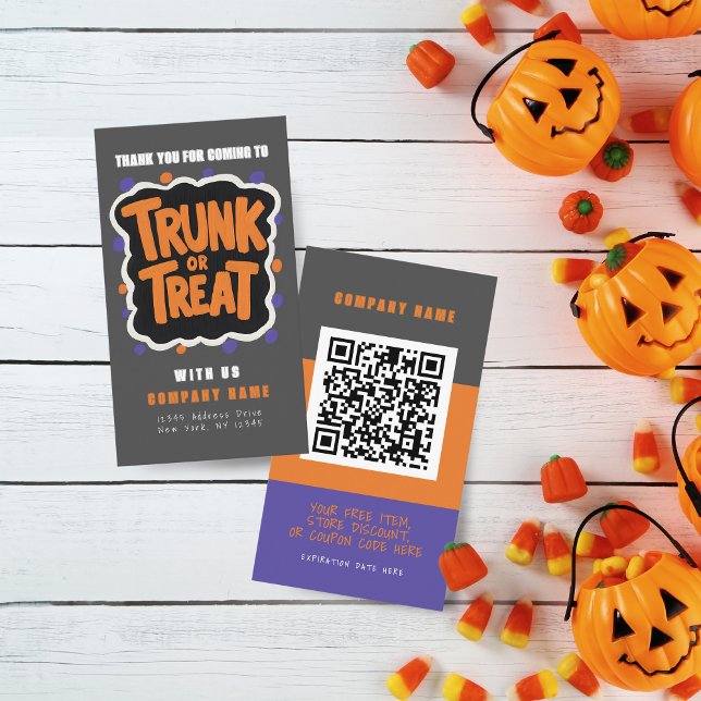 Skräppost eller behandla moderna Halloween-Affärsk Visitkort (Trunk or Treat Halloween Coupon Business Cards Pack of 100 in Orange, Gray, Purple and Black)
