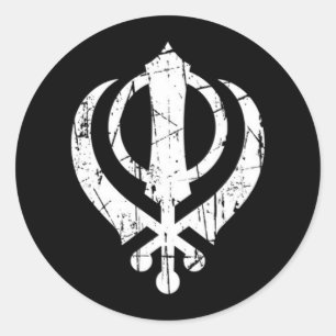 Skratched White Sikh Khanda Symbol på Black Runt Klistermärke