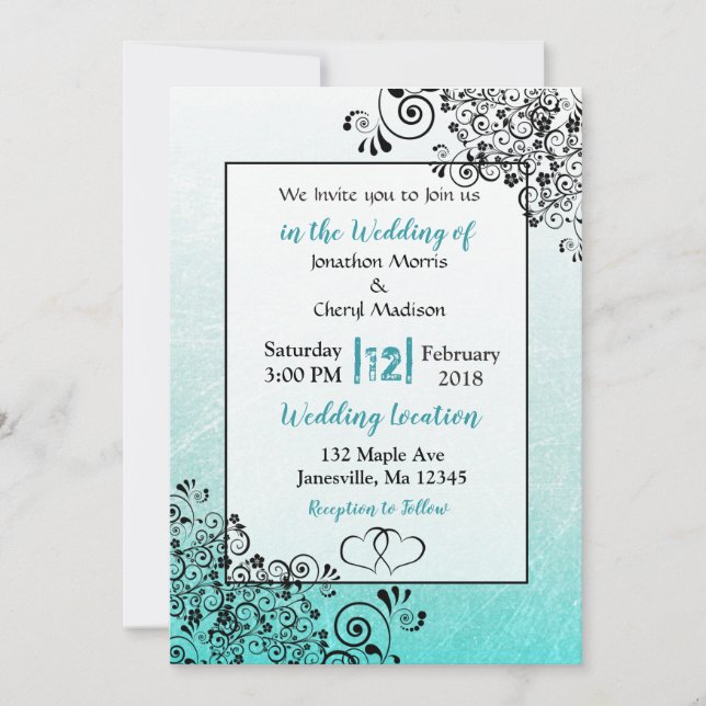 Skratchy Teal and Black Script Wedding-inbjudninga Inbjudningar (Framsida)