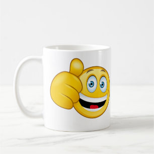 skrattar med tummen uppåt kaffemugg
