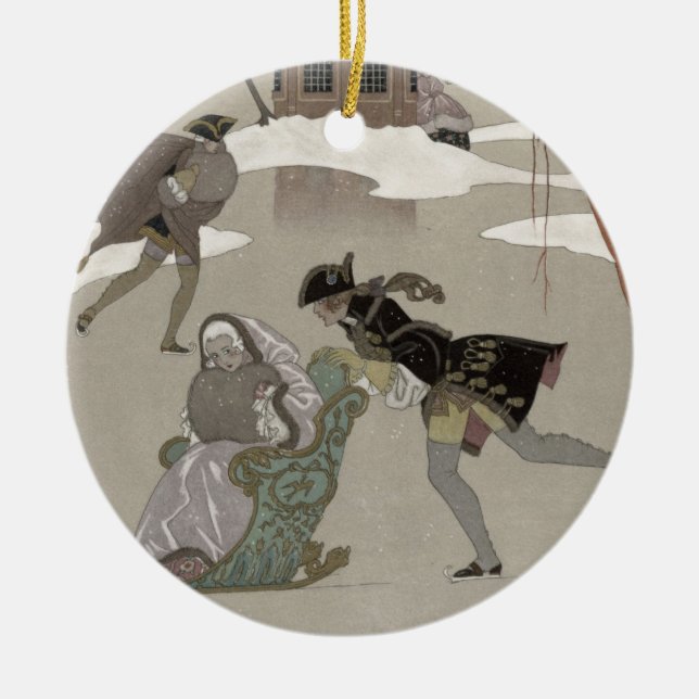 Skridskoåkning på den djupfryst sjön, illustration julgransprydnad keramik (Framsidan)