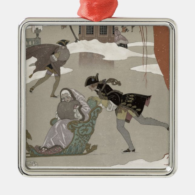 Skridskoåkning på den djupfryst sjön, illustration julgransprydnad metall (Framsidan)