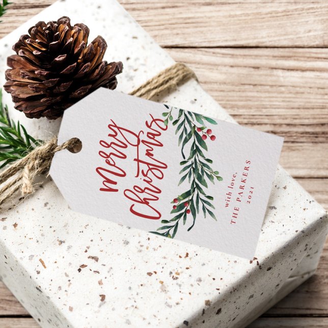 Skrift glad jul-gren med bär presentetikett (Modern Merry Christmas Script Greenery Leaves Holiday Gift Tags.)