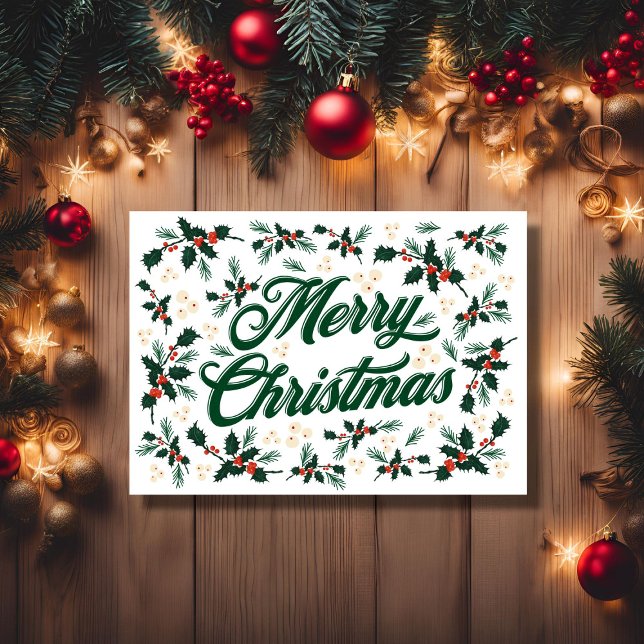 Skrift julafton julgran röd och grön julkort (Script Merry Christmas Holly Red and Green Holiday Card, Colored Lights Background)