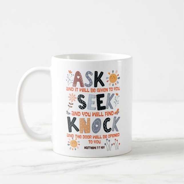 Skriftkort bibelvers Matteus 7:7 Kaffemugg (Vänster)