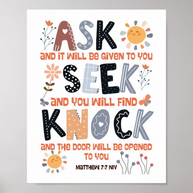 Skriftkort bibelvers Matteus 7:7 Poster (Framsidan)