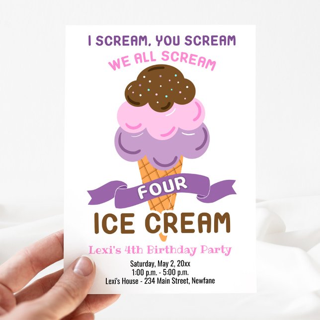 Skrika Fyra Glass Flicka 4-årsdag  Inbjudningar (Ice Cream Birthday Invitation for a 4-year old girl: We all scream FOUR ice cream)