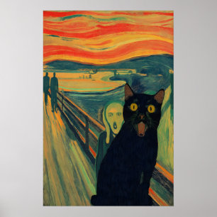 Skrikande kattkonsttryck Roligt svart kattgiclée Poster