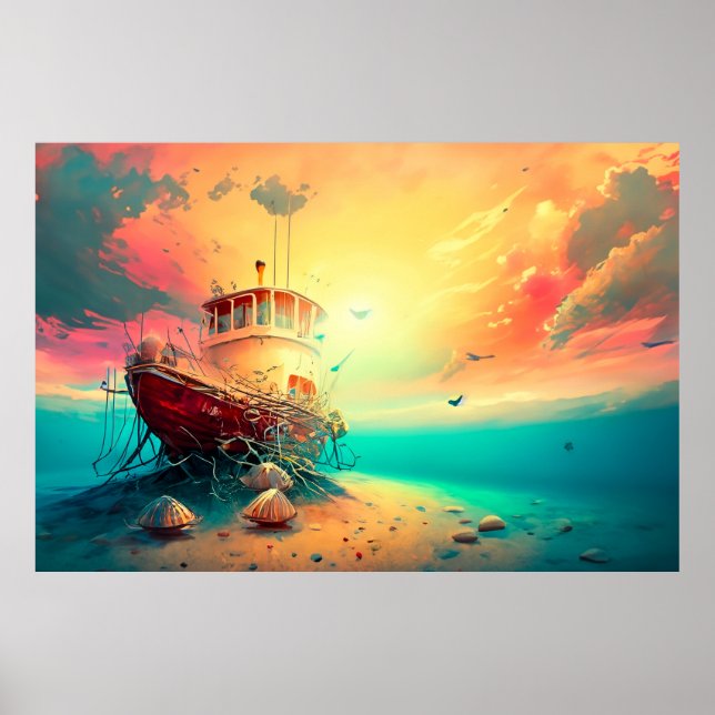 Skrimp Boat vid Sunset Poster (Framsidan)