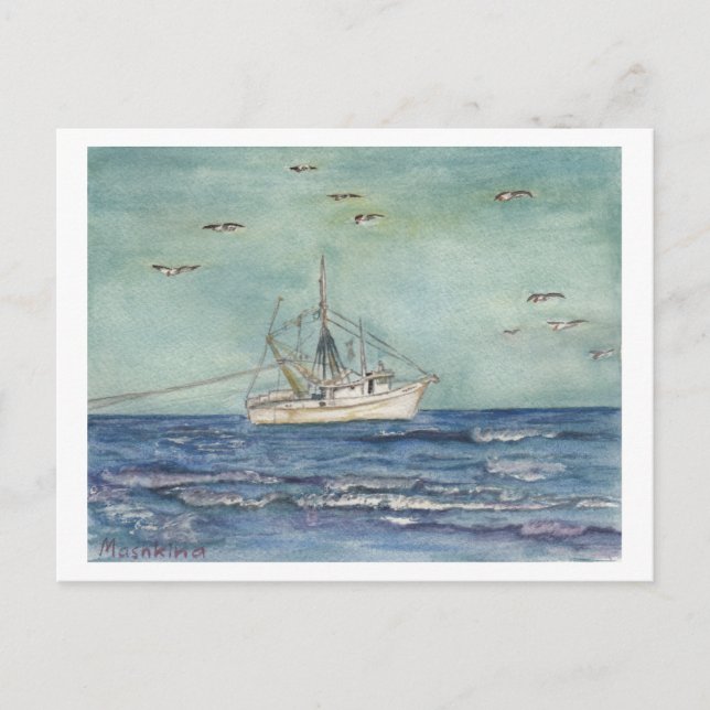 Skrimp Boat Watercolor. Vykort. Vykort (Framsida)