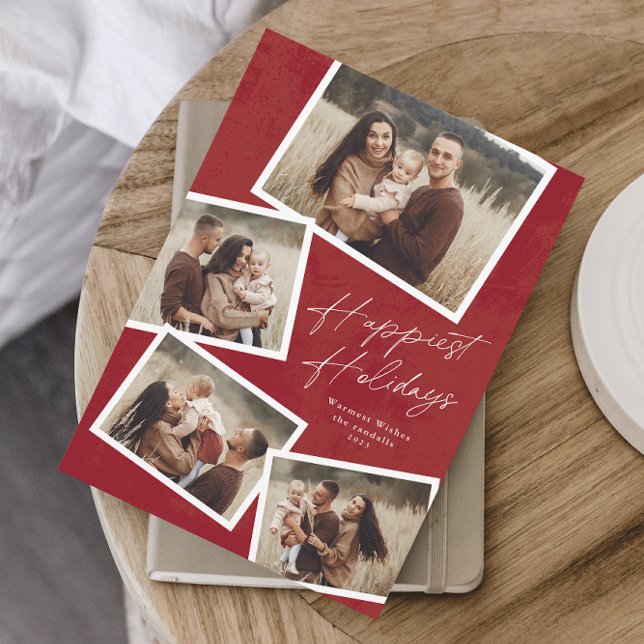 Skript 4 Photo Collage Happiest Helgdagars Magneti (Modern Script 4 Photo Collage Happy Holidays Card in red.)