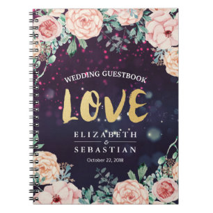 Skript bröllop Guestbook Modern Blommigt Lila Guld Anteckningsbok