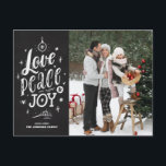Skript Chalkboard Kärlek Peace and Joy Leting Helg Vykort<br><div class="desc">Kärlek,  fred och glädje. Skicka semesterhälsningar och önskemål till familj och vänner med detta roliga julkort. Den har ett ritskript med rustik krita med en faux chalkboard-bakgrund. Anpassa genom att lägga till foton,  namn,  meddelanden och adress. Det här roliga vykortet för julfoto är perfekt för den här julhelgen.</div>