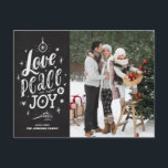 Skript Chalkboard Kärlek Peace and Joy Leting Helg Vykort<br><div class="desc">Kärlek,  fred och glädje. Skicka semesterhälsningar och önskemål till familj och vänner med detta roliga julkort. Den har ett ritskript med rustik krita med en faux chalkboard-bakgrund. Anpassa genom att lägga till foton,  namn,  meddelanden och adress. Det här roliga vykortet för julfoto är perfekt för den här julhelgen.</div>