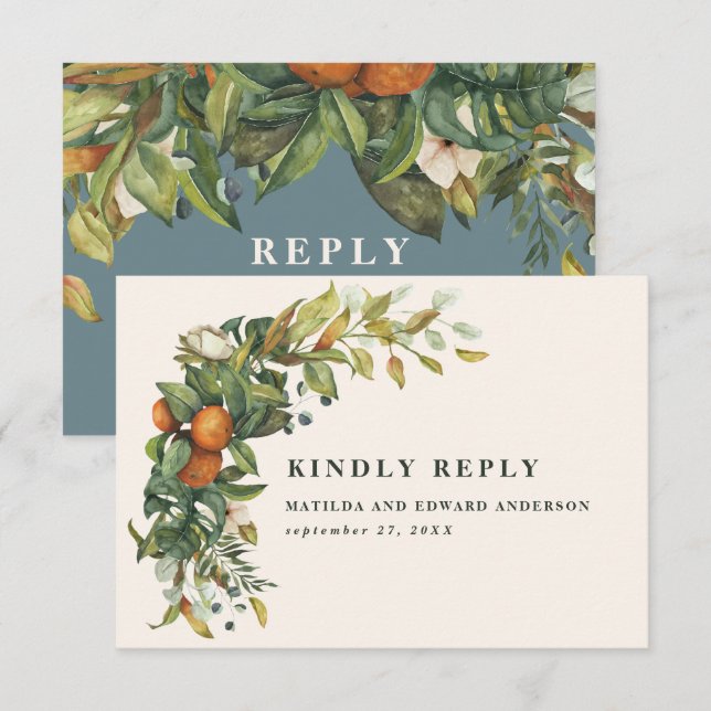 Skript elegant bröllop citrus botanical modern OSA kort (Fram/baksida)