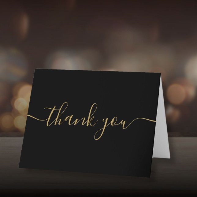 Skript Enkelt Modernt Elegant Svart Och Guld Tack Kort (Script Simple Modern Elegant Black And Gold Thank You Card)