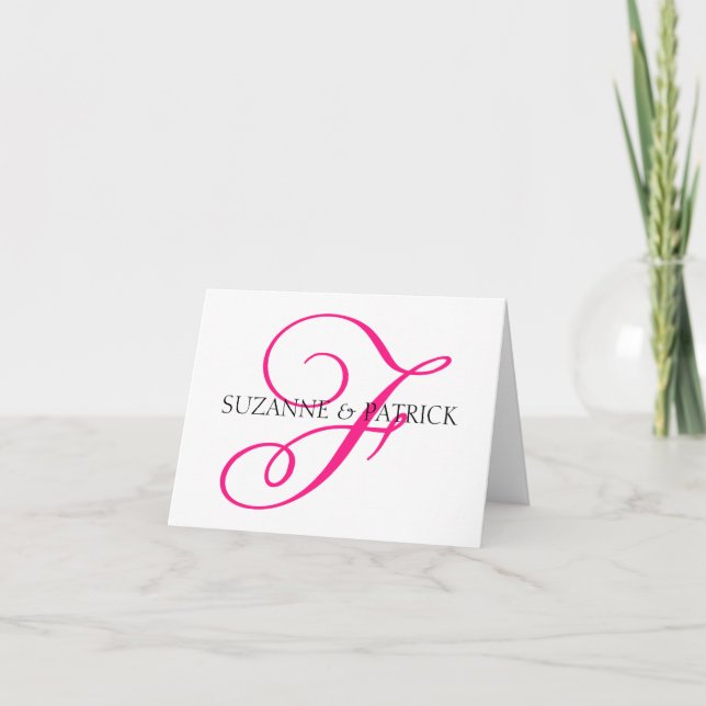 Skript F Monogram Notecard (Shock rosa/svart) Tack Kort (Framsida)