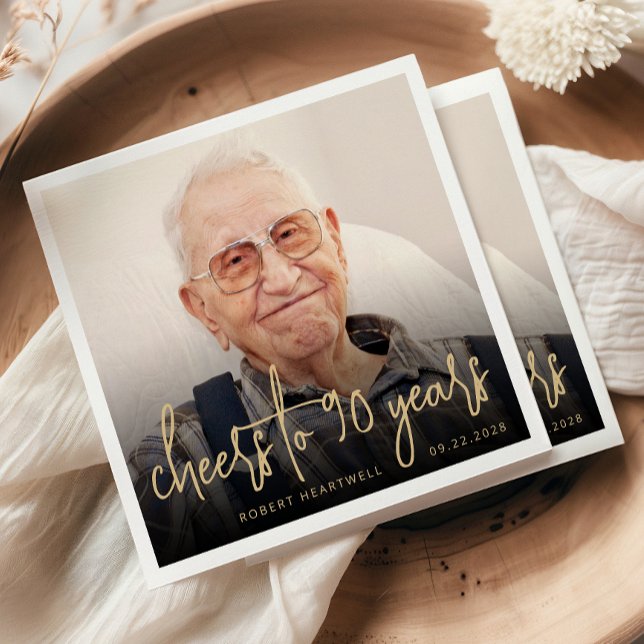 Skript för 90:e Födelsedagsfest Photo Cheers Guld Pappersservett (Skapare uppladdad)