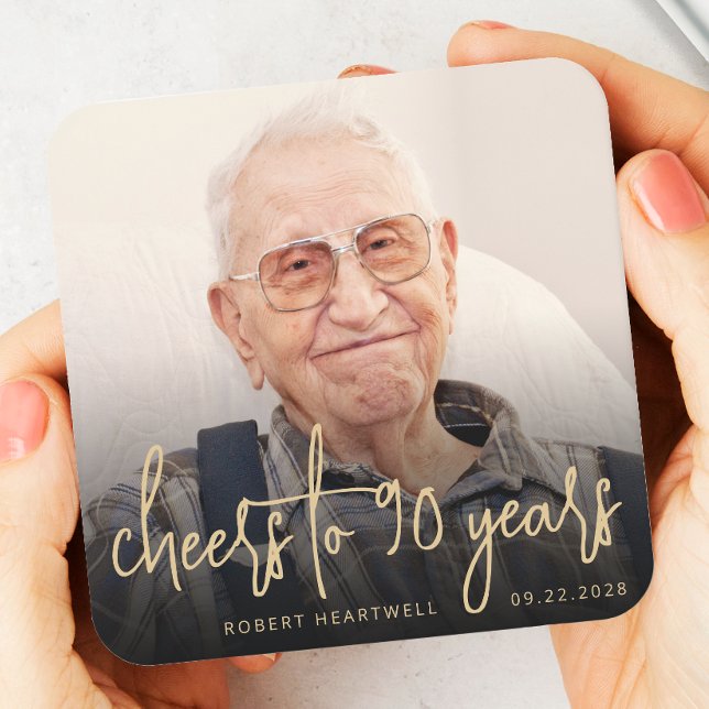Skript för 90:e Födelsedagsfest Photo Cheers Guld Underlägg Papper Kvadrat (Skapare uppladdad)