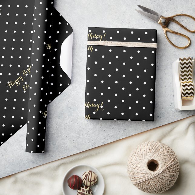 Skript för anpassningsbar Black and White Polka Do Presentpapper (Custom Black and White Polka Dot Faux Gold Script Wrapping Paper)
