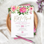 Skript för bat mitzvah Rosa Watercolor Blommigt Gu Inbjudningar<br><div class="desc">Var stolt, gladd och visa den här milstolpen till din favoritBat mitzvah med den här sofistikerade inbjudan till personligen! En vattenfärg för chic, bedövning, rosa och persikofärgad blommigt med faux guld-folie, typografi och modern dammig ro och grått sans serif-text täcker över en vit bakgrund. Ytterligare vattenfärgblommor och en vit stjärna...</div>