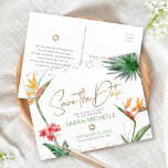 Skript för bat mitzvah Spara - Tropical Blommigt G Inbjudan Vykort<br><div class="desc">Se till att alla dina vänner och släktingar kan fira din dotters milstolpe Bat mitzvah! Skicka ut den här chicen, personligen "Spara datummeddelande" vykort. Snyggt, bedövande, färgstarka, tropiska vattenfärgfåglar av paradisblommor, handskrivet faux guld-skript, stjärnor av David- och glitter-punkter, tillsammans med grönt- och grått-modern sans serif-typ, täcker över en vit bakgrund....</div>