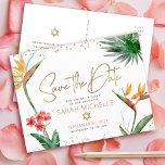 Skript för bat mitzvah Tropical Spara Date Blommig Inbjudan Vykort<br><div class="desc">Se till att alla dina vänner och släktingar kan fira din dotters milstolpe Bat mitzvah! Skicka ut den här chicen, personligen "Spara datummeddelande" vykort. Snyggt, bedövande, färgstarka, tropiska vattenfärgfåglar av paradisblommor, handskrivet faux-guld-skript, stjärnan av David- och glitter-punkter, tillsammans med ro rosa och grått-modern sans serif-typ, täcker över en vit bakgrund....</div>